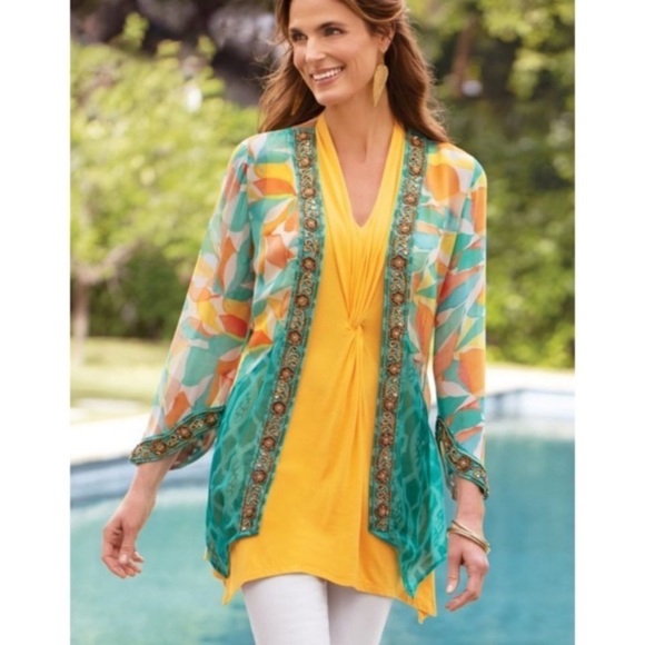 Soft Surroundings Multi-Color Beaded Floral Aberdeen Topper Kimono Women Small - Picture 1 of 13
